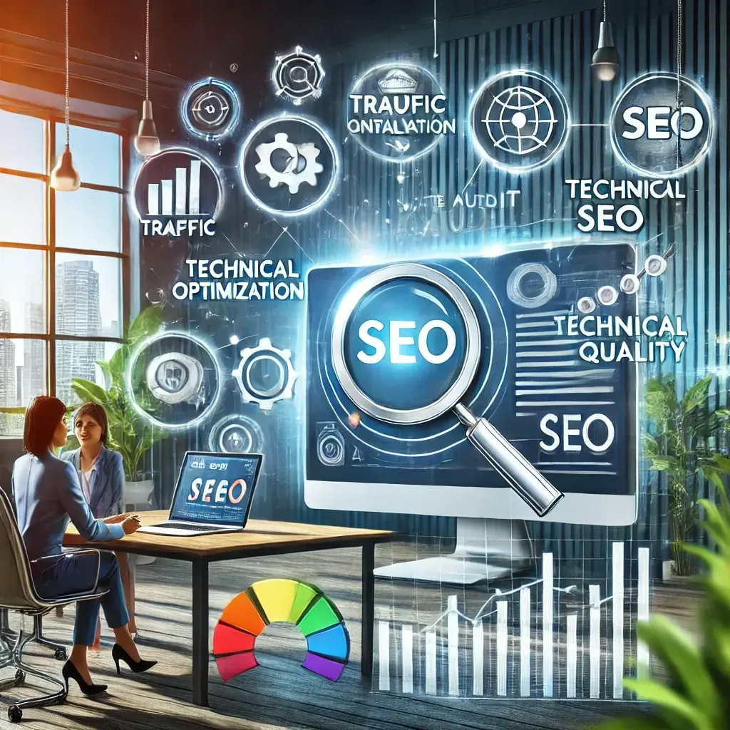 A vibrant illustration showing a website audit dashboard on a computer screen with icons for SEO elements like traffic analysis, keyword optimization, technical SEO, and content quality. In the background, a small business owner and an SEO professional collaborate in a modern office, symbolizing growth and enhanced online performance.