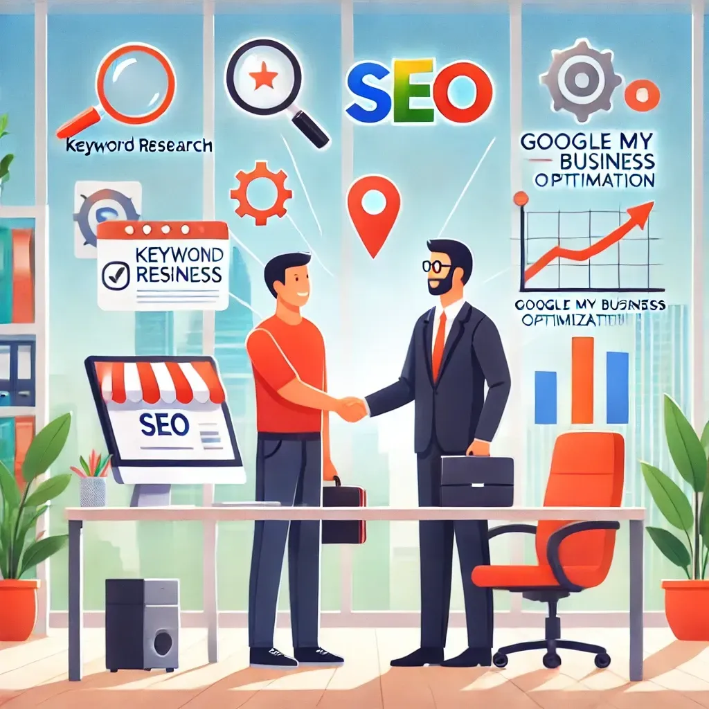An illustration of a small business owner shaking hands with an SEO consultant in a modern office, surrounded by icons for keyword research, local SEO, and Google My Business optimization. A nearby computer screen shows rising metrics, symbolizing growth and collaboration.