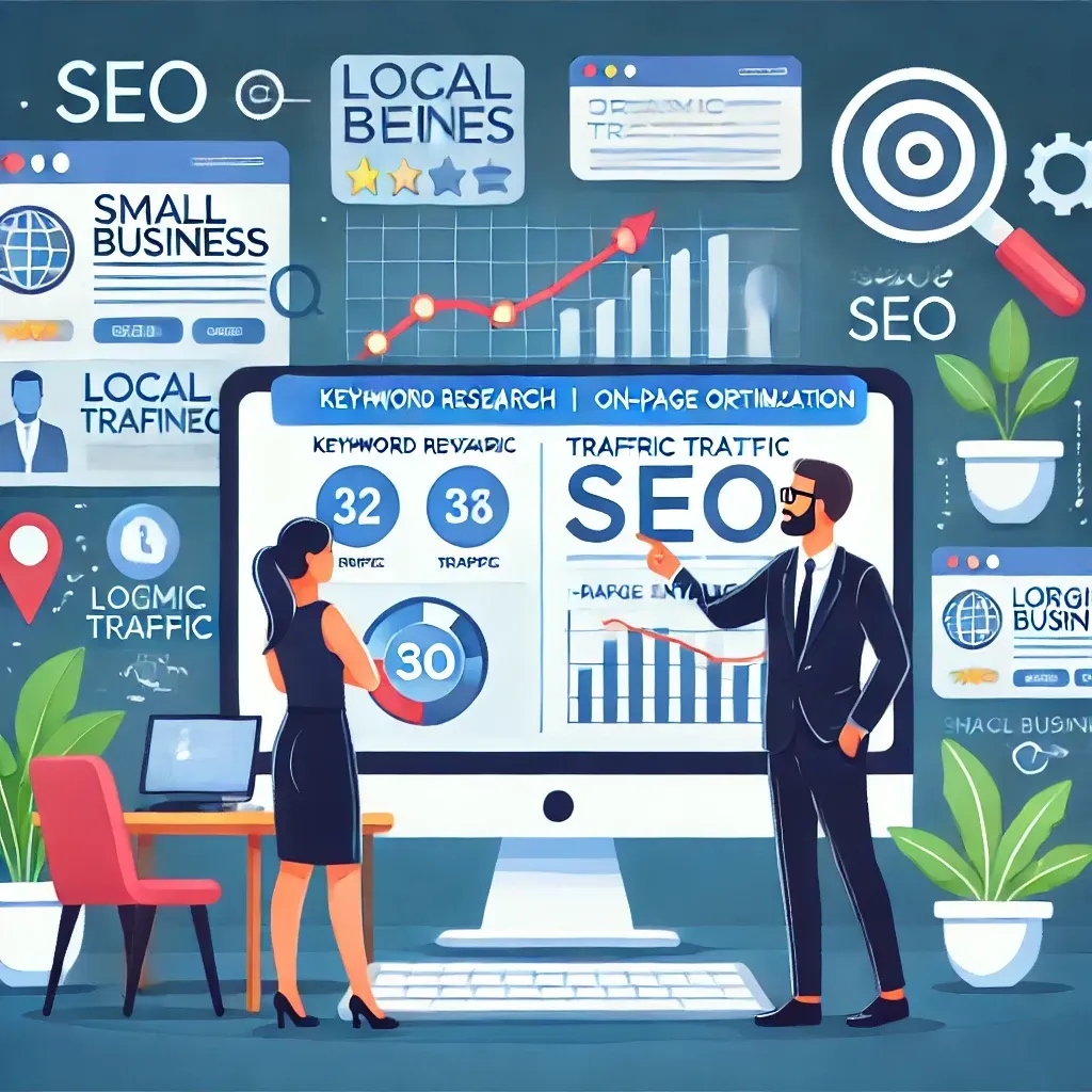 An illustration of a small business website on a computer screen displaying rising metrics and SEO elements like keyword research and traffic analysis. A consultant discusses strategies with a business owner, surrounded by icons for local SEO, organic traffic, and search rankings, symbolizing SEO success and growth.