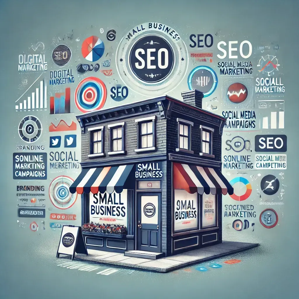 An illustration of a small business storefront seamlessly merging with a vibrant digital interface, showcasing branding and online marketing elements. The storefront displays a compelling logo, while the interface highlights SEO metrics, social media campaigns, and online visibility. Icons for branding, digital marketing, and targeted advertising emphasize growth and recognition for small businesses.
