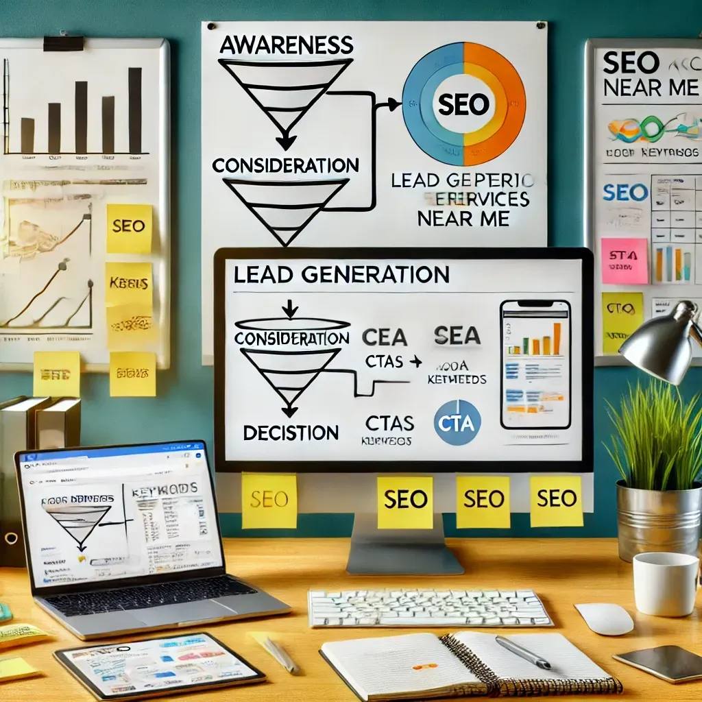 A professional workspace showcasing a well-structured lead generation funnel and SEO strategies. The setup features a desktop computer with a funnel diagram labeled 