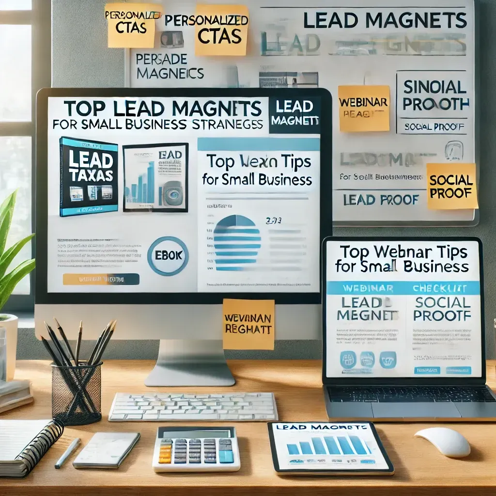 A professional workspace showcasing effective lead magnets and lead conversion strategies. The setup features a desktop computer displaying an eBook titled 