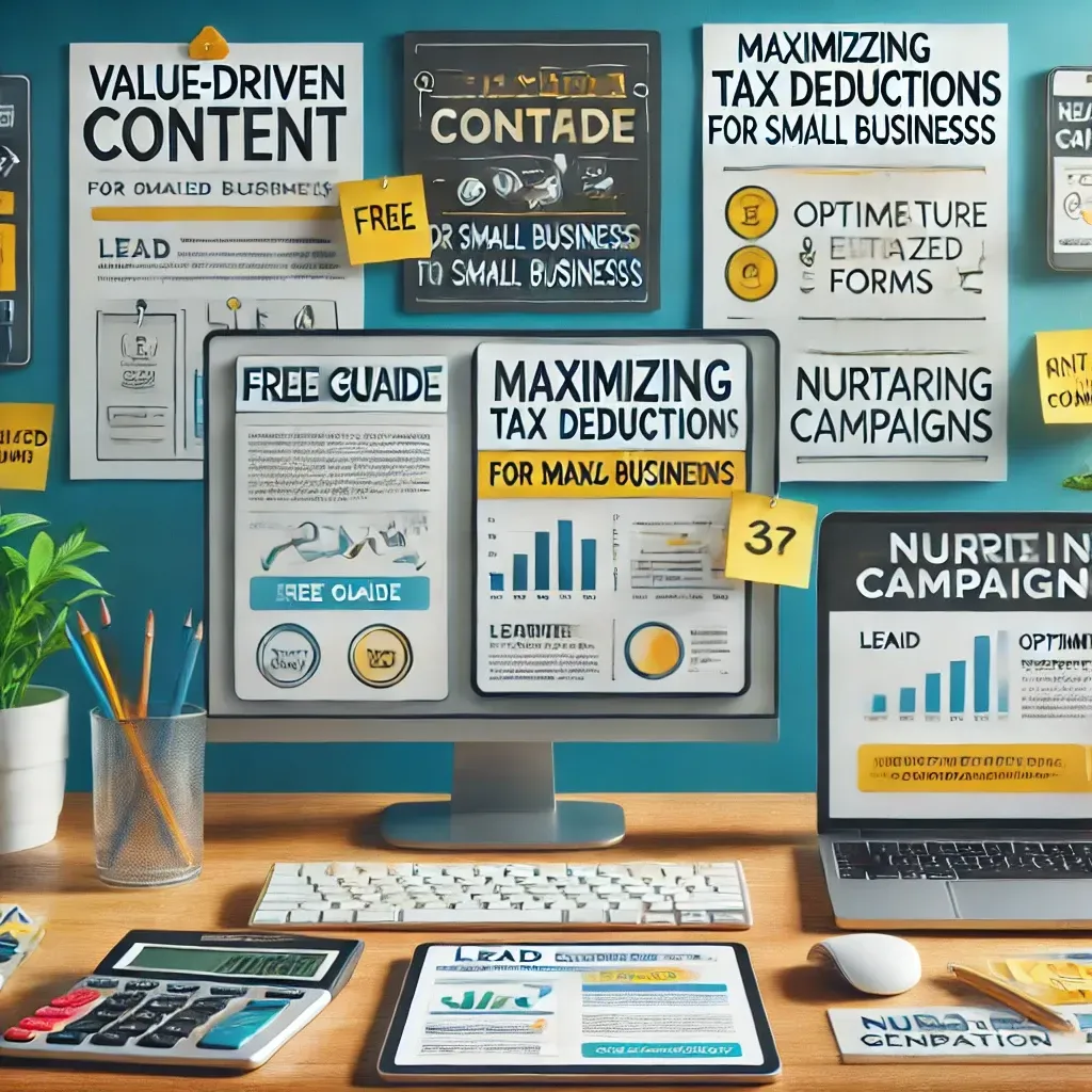 A professional workspace illustrating key elements of effective lead generation. The setup features a desktop computer with a free guide titled 