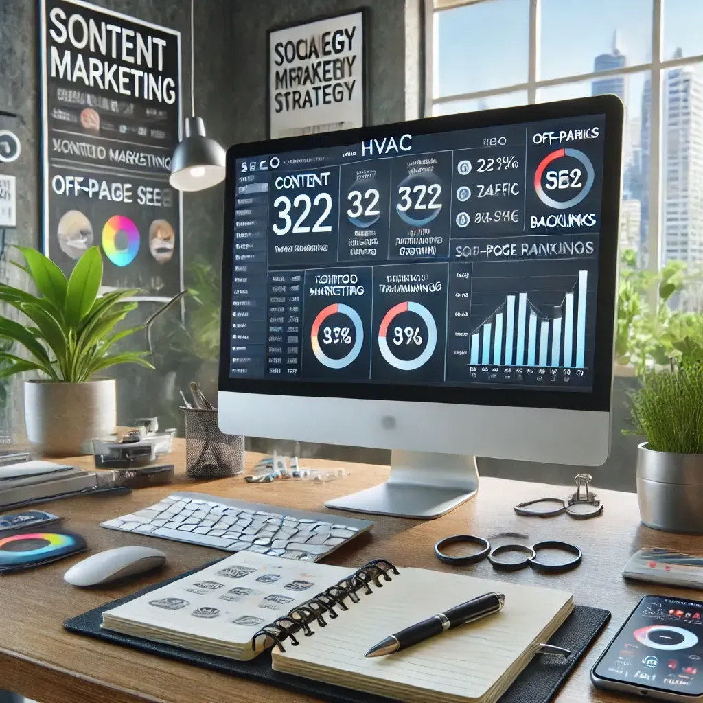 A modern workspace featuring a digital marketing campaign for an HVAC business, with a computer screen displaying an analytics dashboard showcasing SEO performance metrics such as keyword rankings, traffic growth, and backlinks. A notebook nearby lists strategy elements like 