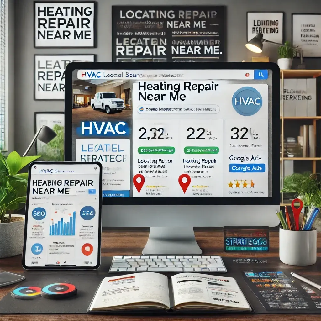 A modern workspace highlighting digital marketing strategies for HVAC businesses inspired by plumber marketing companies. A computer screen shows a local search result optimized with keywords like 