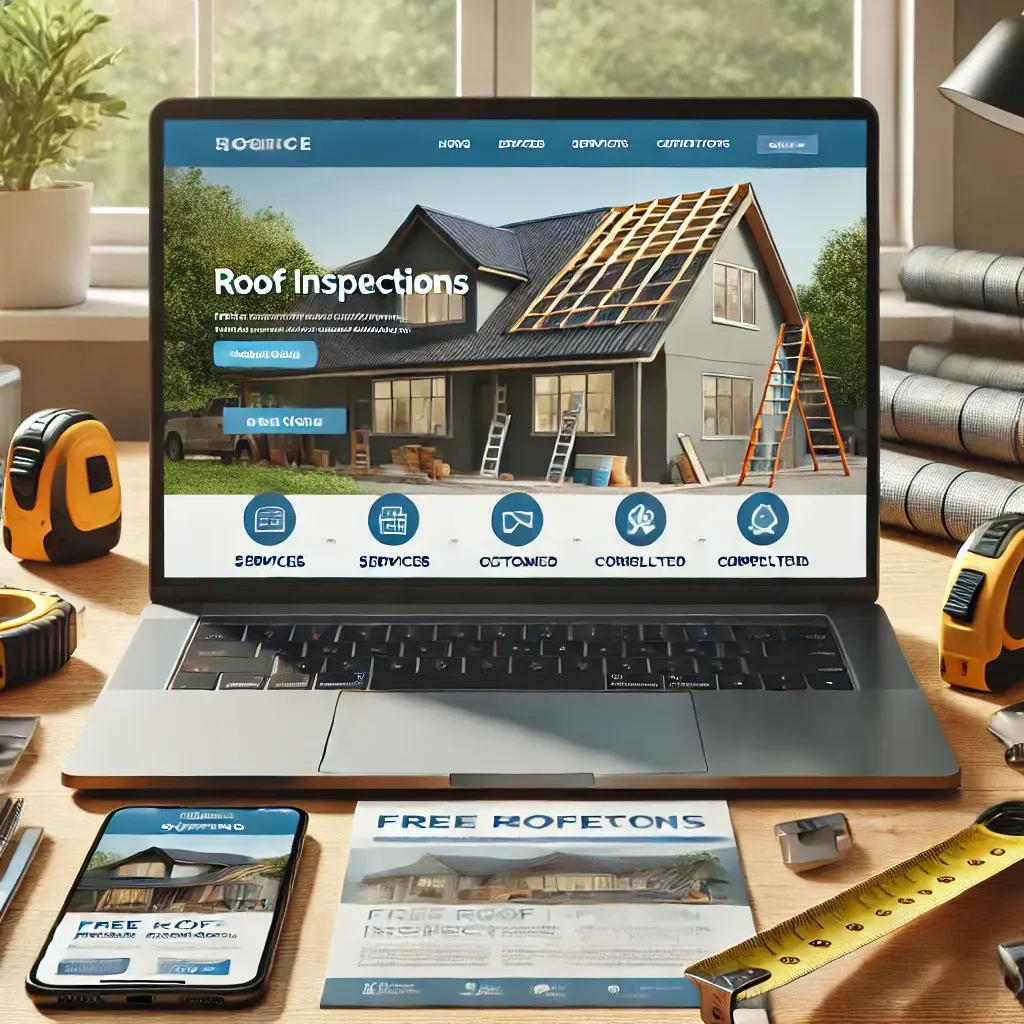 A modern roofing company's website displayed on a laptop and mobile phone on a desk alongside roofing tools like a measuring tape and roofing material samples. The website highlights sections for services, customer reviews, completed projects, and a call-to-action for free roof inspections. The scene is well-lit with natural light streaming through a window, creating a professional and inviting atmosphere that conveys trust and reliability in the roofing business.