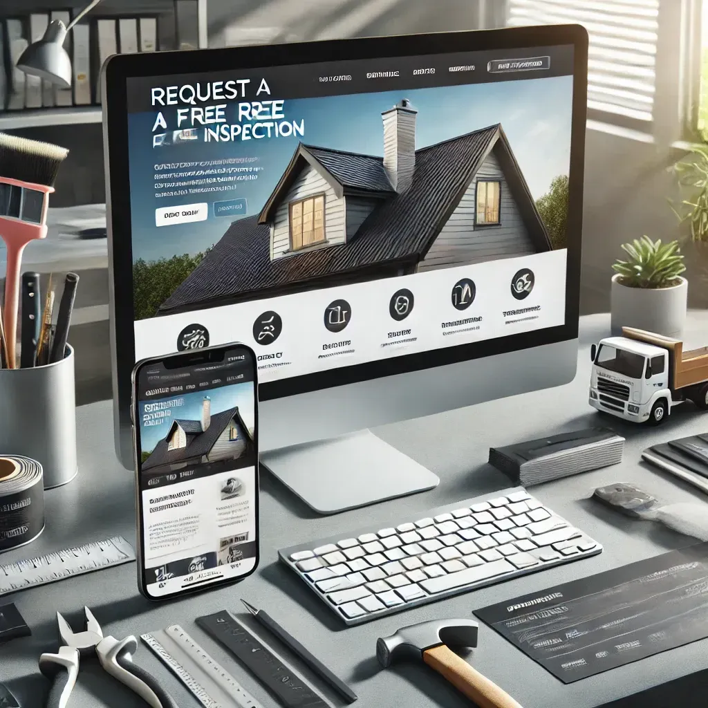 A visually appealing website design mockup for a roofing company displayed on a desktop and mobile phone on a sleek desk. The website features contact forms, service pages, testimonials, and prominent call-to-action buttons like 