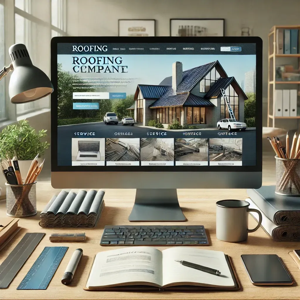 A professional workspace displaying the design process for a roofing company's website. The monitor shows a visually rich roofing website in progress, featuring service pages, a contact form, and SEO-optimized content. The desk is organized with notebooks, a coffee mug, and sample roofing materials, emphasizing the industry focus. The background features a clean, modern office with natural lighting and subtle greenery, reflecting professionalism and creativity.