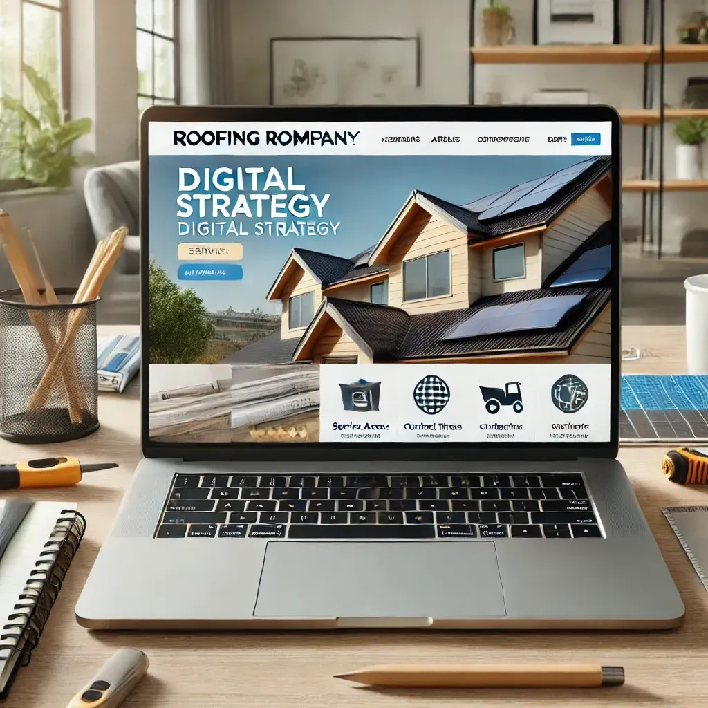 A modern workspace featuring a laptop displaying a professional roofing company's website. The website highlights service areas, contact information, customer reviews, and high-quality project images. On the desk are marketing materials, a notebook, and roofing tools, emphasizing the industry's focus. The background is a clean, well-lit office with natural decor like plants, reflecting a professional and inviting atmosphere.