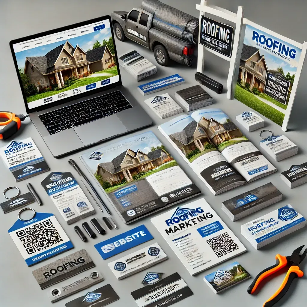 A creative arrangement of roofing marketing materials, including brochures, business cards, branded door hangers, and a yard sign, all designed with a modern, professional look. The materials display the company name, services, contact information, and QR codes linking to the website. A laptop showing the company's website and roofing tools are placed nearby, with a branded vehicle wrap visible in the background, highlighting the integration of traditional and digital marketing strategies in a professional and well-lit setting.