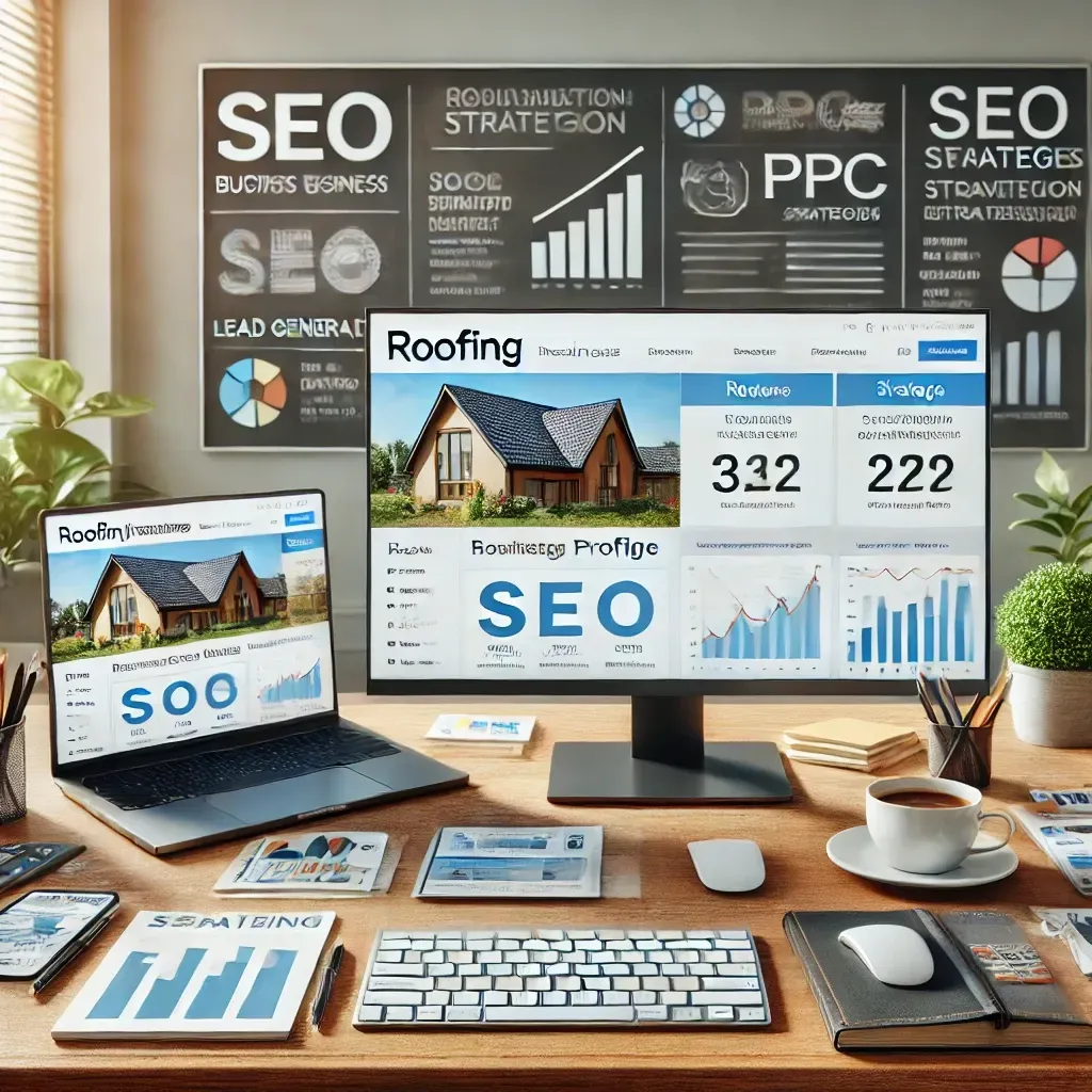 A modern digital marketing workspace tailored for a roofing business, featuring a desktop displaying a Google Business Profile and another screen with a roofing website analytics dashboard. The desk includes marketing tools like strategy notes, a smartphone showing social media ads, and a coffee cup. In the background, a whiteboard outlines SEO and PPC strategies focused on lead generation and conversion. The scene is well-lit with natural light, creating a professional and innovative atmosphere.