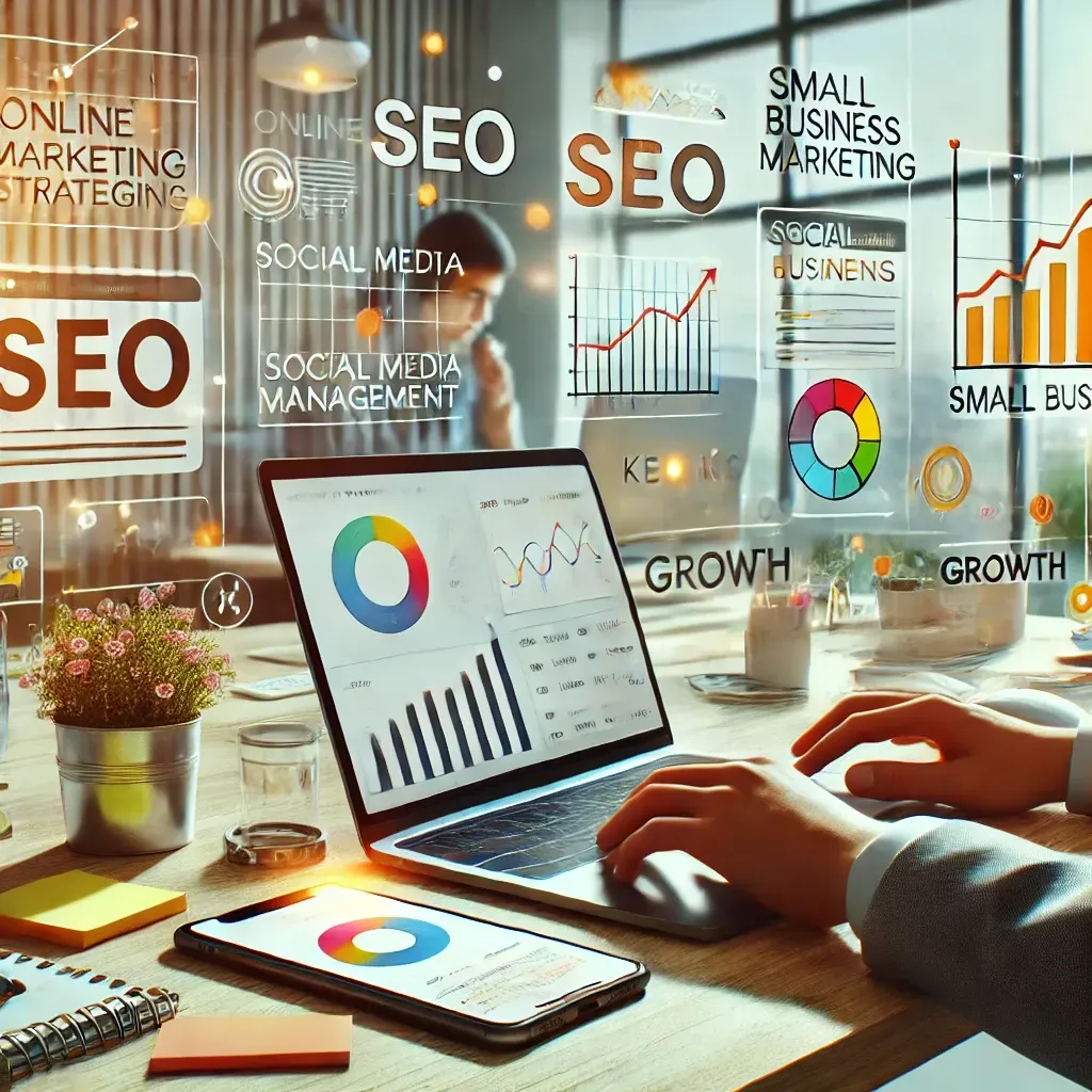 A small business owner working on online marketing strategies in a modern office. The desk features a laptop displaying analytics and SEO tools, a smartphone with social media management apps, and sticky notes with marketing ideas. A digital screen in the background shows a graph with an upward trend, symbolizing business growth. The scene emphasizes the use of digital tools and strategies for building an online presence and driving success in small business marketing.