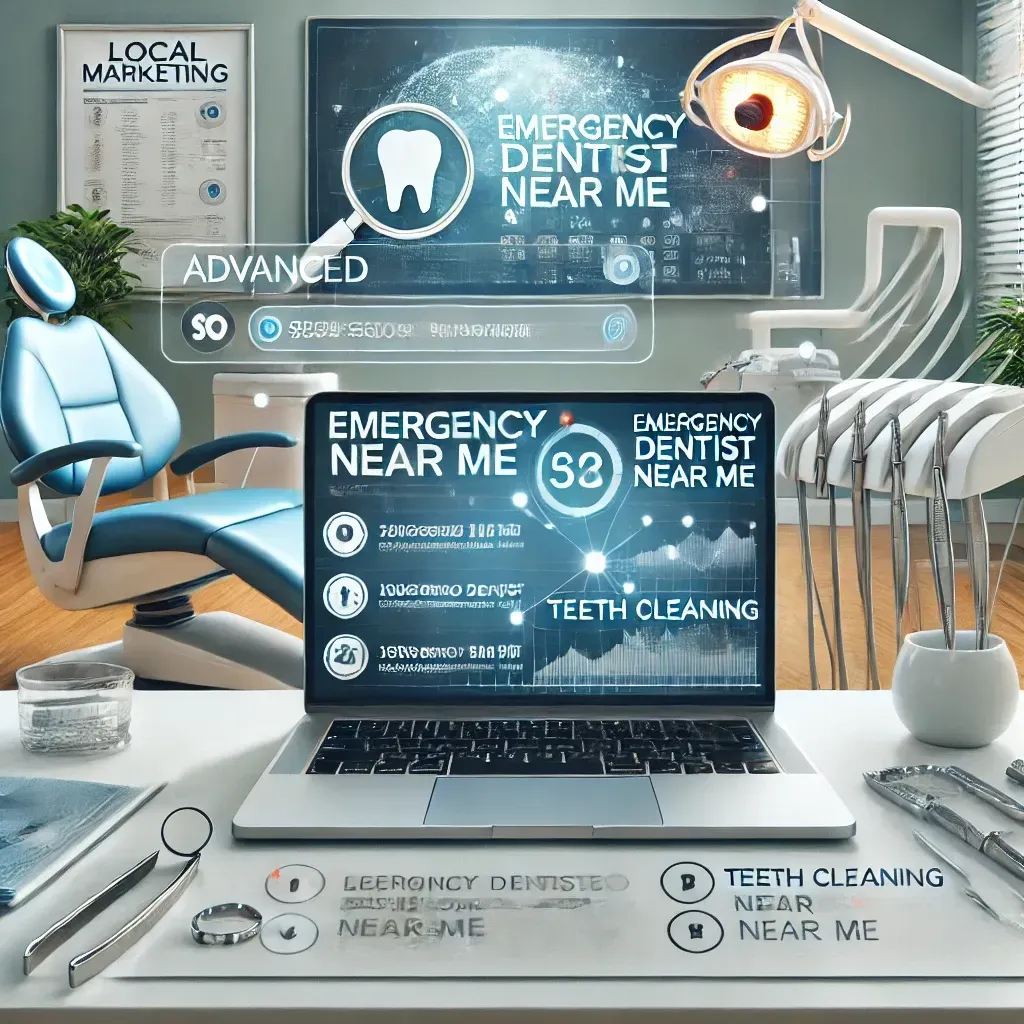 A dental office desk featuring a laptop with an SEO analytics dashboard, displaying keywords like