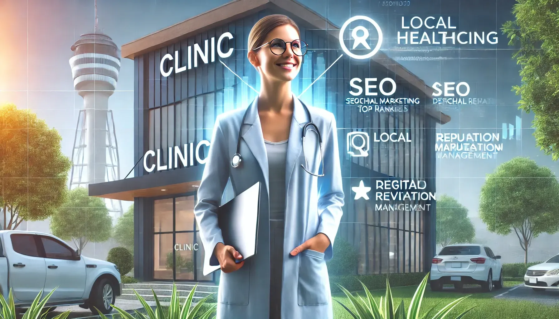 Illustration of a healthcare professional using digital tools to improve online visibility and reputation management. The image features elements like a Google Business Profile, patient reviews, and search engine optimization graphs, emphasizing the importance of local SEO and maintaining a positive online presence in the healthcare industry. Visuals highlight strategies that boost patient trust, improve website traffic, and enhance conversion rates for medical practices.