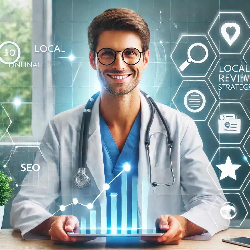 A healthcare professional smiling and holding a tablet displaying a graph and a location map, symbolizing local SEO strategies. The background includes icons of online reviews, a magnifying glass, and a star, representing reputation management and SEO. The setting is a bright, modern clinic, emphasizing professionalism and trust in healthcare marketing