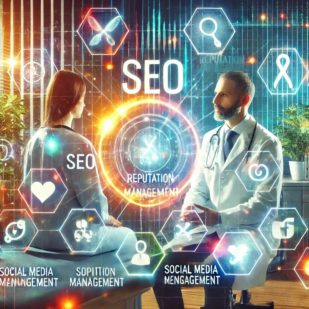 A vibrant image illustrating healthcare marketing strategies. A doctor consults with a patient in a professional clinic setting, while digital marketing visuals like SEO graphs, social media icons, and a search bar are integrated into the background. Text overlays highlight key strategies such as 'SEO,' 'Reputation Management,' and 'Social Media Engagement,' emphasizing the fusion of patient care and digital growth.