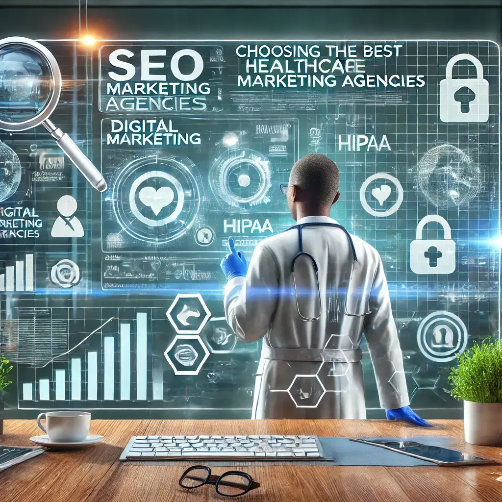 A healthcare professional in a modern office reviews digital marketing analytics on a large screen displaying charts, graphs, and SEO metrics. The background features subtle icons for search engine results, social media, and a lock symbolizing HIPAA compliance, emphasizing the importance of innovation and patient-focused strategies in healthcare marketing.