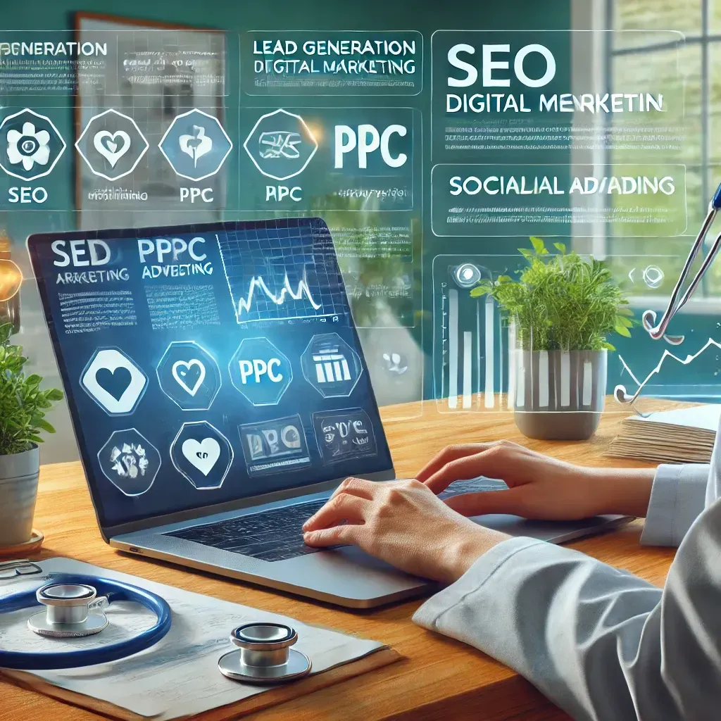 A modern office setting showing a marketing professional working on a laptop with graphs, charts, and campaign data displayed on the screen. Healthcare-specific elements, such as a stethoscope on the desk and icons for SEO, PPC advertising, and social media ads, are integrated in the background. A patient-friendly landing page is visible on a secondary screen, highlighting targeted digital marketing strategies for healthcare providers.