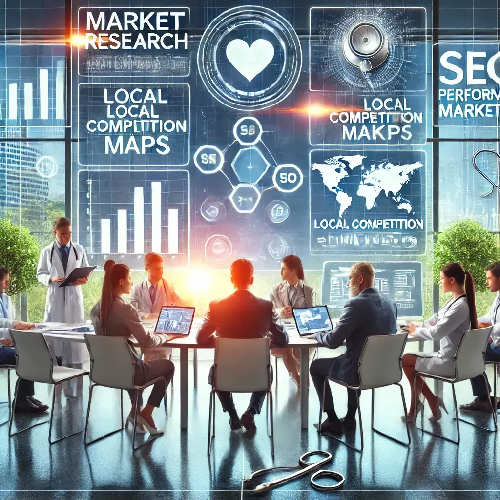 A collaborative marketing team in a bright office setting analyzes patient data charts, local competition maps, and SEO metrics displayed on a large screen. A healthcare provider participates in the discussion, symbolizing teamwork. Background elements include a stethoscope, social media icons, and a medical website design, showcasing the integration of market research and digital marketing for healthcare success.