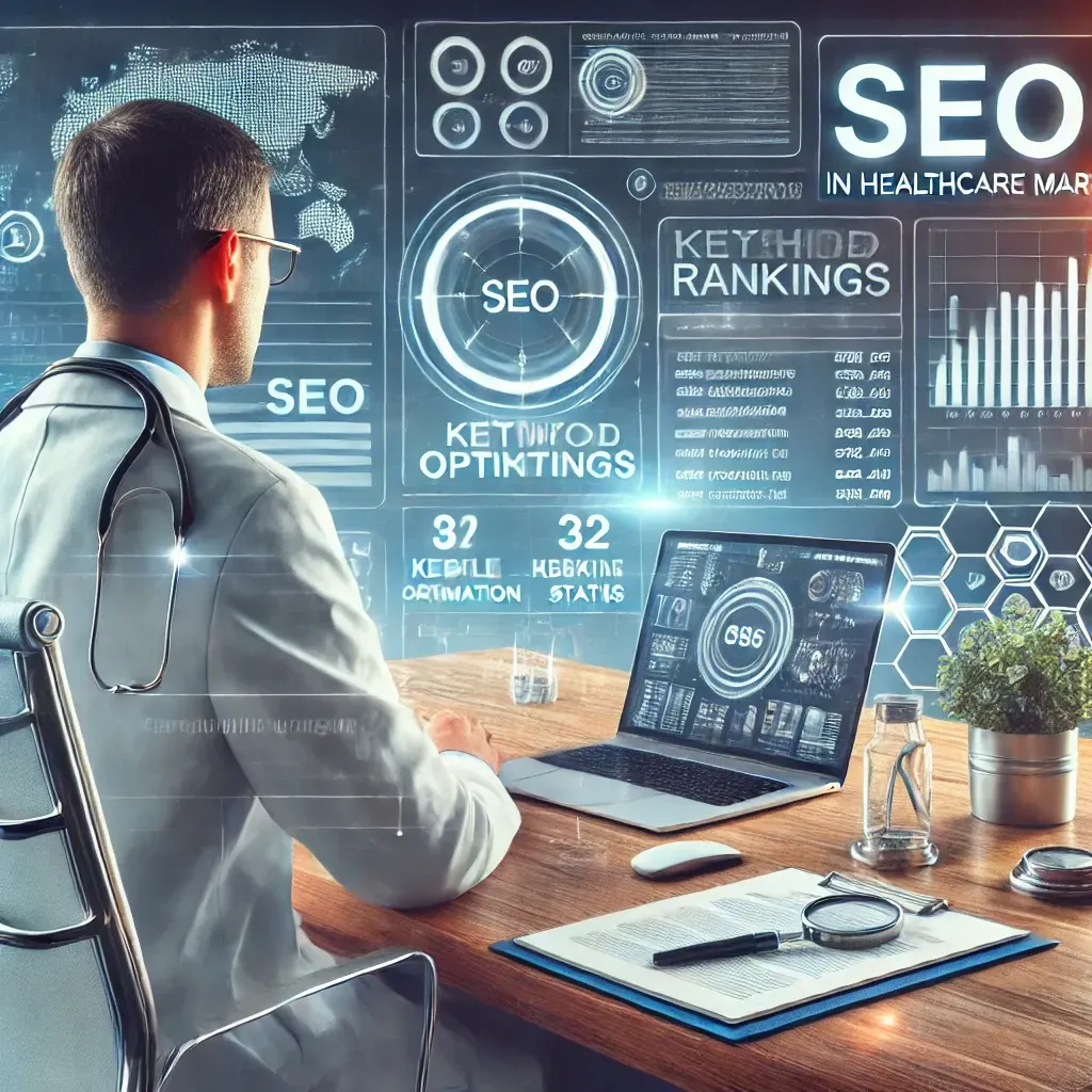 A healthcare professional at a desk, working on a laptop displaying an SEO dashboard with analytics, keyword rankings, and mobile optimization stats. A large screen in the background shows a search engine results page with a healthcare website ranking at the top. The setting includes a stethoscope and patient charts, symbolizing the integration of SEO with healthcare marketing strategies for digital growth and patient engagement.