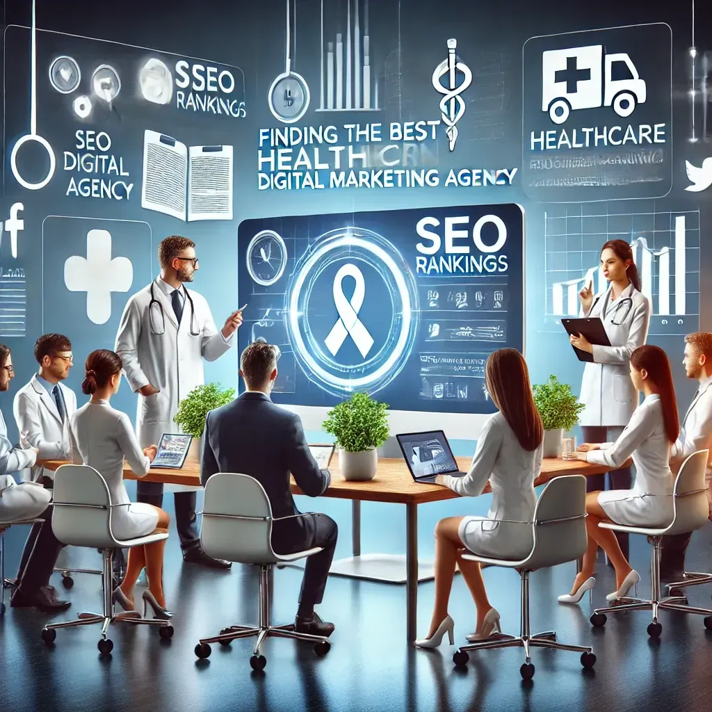 A modern office scene featuring a team of marketing professionals collaborating on healthcare marketing strategies. A large screen displays charts, SEO rankings, and campaign performance metrics, while a healthcare provider participates in the discussion. The setting includes subtle healthcare elements like a stethoscope, patient files, and social media icons, emphasizing the blend of healthcare expertise and digital marketing solutions.
