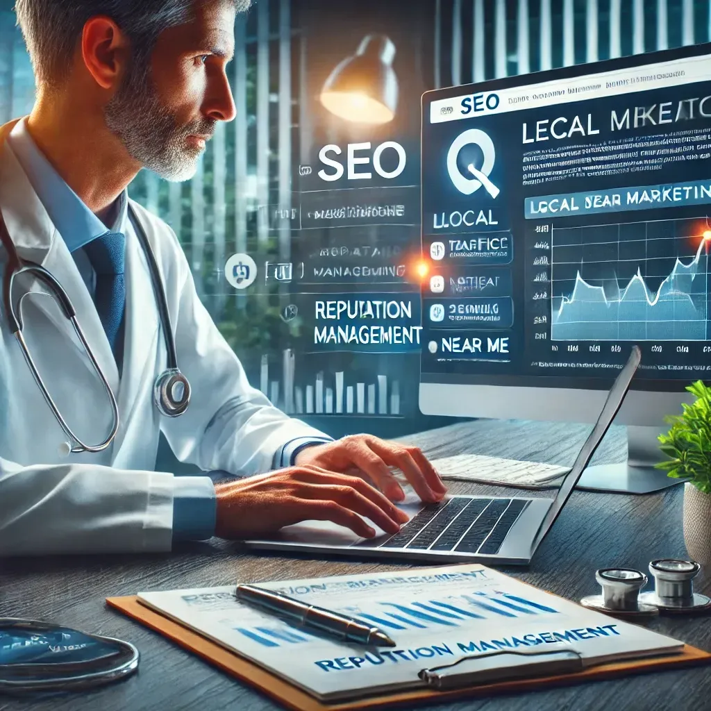 A medical professional reviewing analytics on a laptop, displaying graphs of website traffic and search rankings. A large screen in the background highlights a healthcare website ranking high in search results with local SEO elements, including 'near me' queries. Surrounding visuals include social media icons, patient reviews, and a chart labeled 'Reputation Management.' The setting blends healthcare and digital marketing with medical tools like a stethoscope and clipboard nearby, emphasizing growth, trust, and effective marketing strategies for doctors.