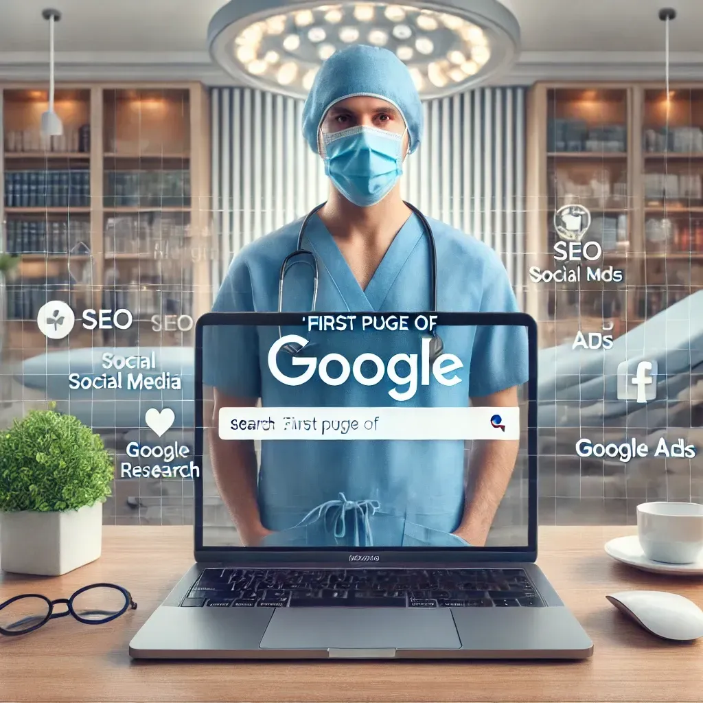 A laptop displaying a plastic surgeon's website with a 'First Page of Google' search result highlighted. Surrounding the laptop are icons for SEO, social media, Google Ads, and keyword research. The background shows a modern medical office, emphasizing professionalism and digital marketing strategies for plastic surgery practices.