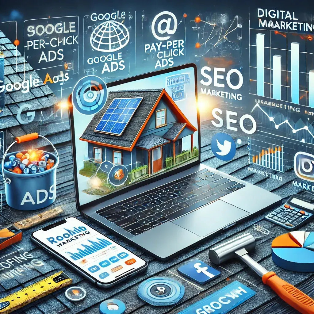A digital marketing illustration tailored for roofing businesses, featuring a computer screen displaying Google Ads analytics, a smartphone showcasing a roofing company's social media profile, and marketing graphs indicating growth. The background includes roofing project elements such as shingles and tools, blended with icons of SEO, pay-per-click ads, and social media platforms. The design emphasizes innovation and success in roofing marketing.