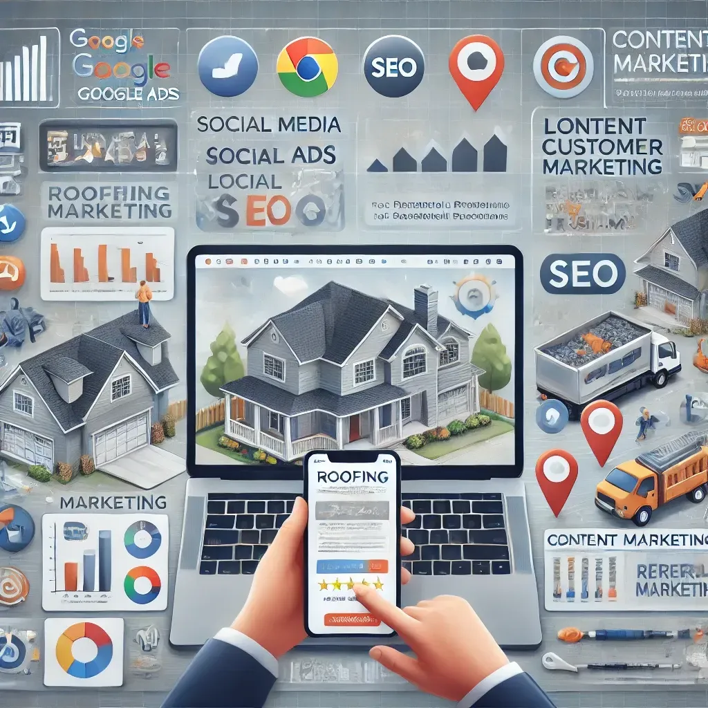 A comprehensive illustration of a roofing marketing strategy, featuring a digital dashboard with Google Ads analytics, social media metrics, and local SEO maps. Surrounding elements include a laptop displaying a professional roofing website, a mobile phone with positive customer reviews, and icons for content marketing and referral programs. The background integrates roofing visuals like shingles, tools, and completed projects, representing the synergy of digital tools and industry expertise for successful marketing.