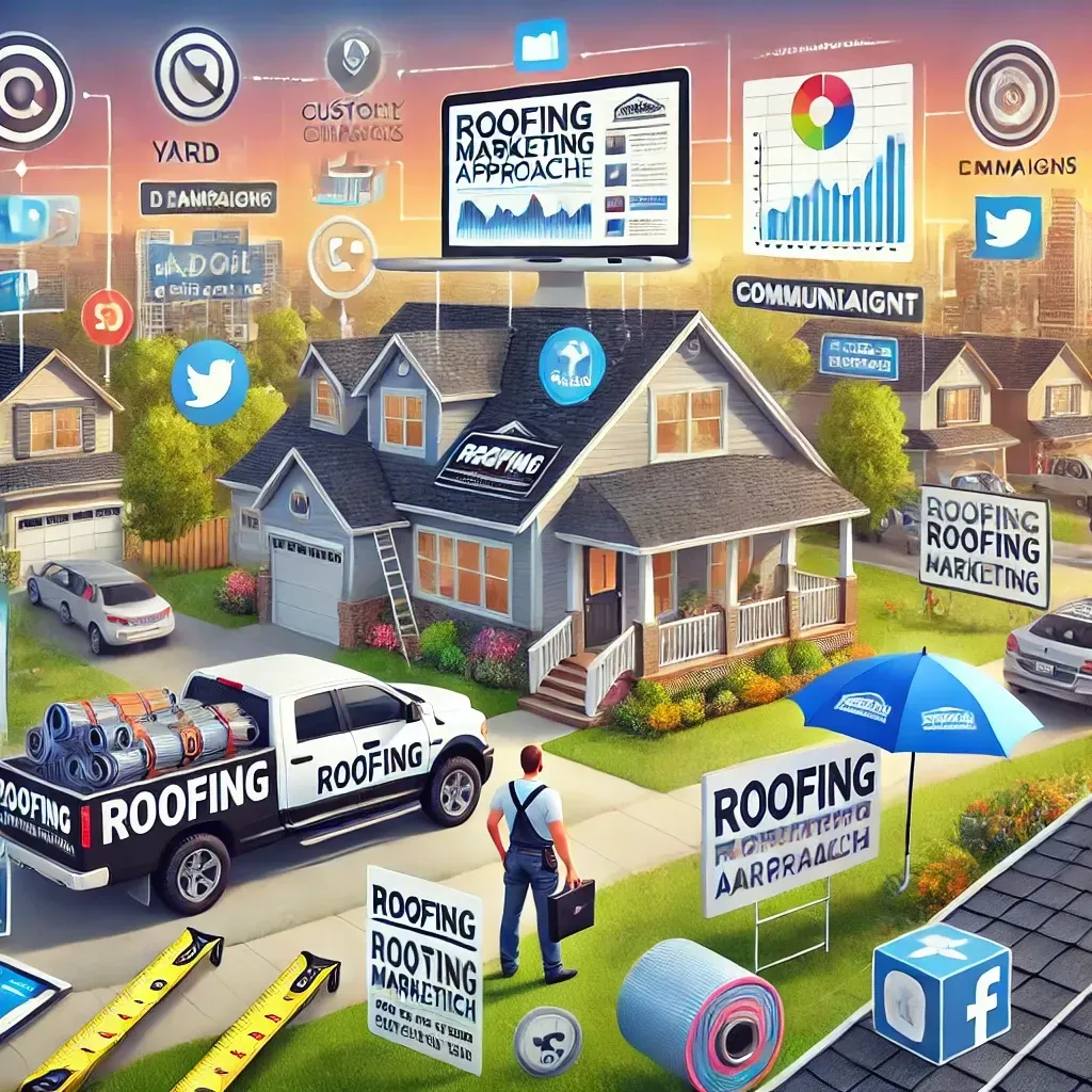 A comprehensive roofing marketing strategy illustration featuring branded materials like yard signs, custom vehicle wraps, and promotional items such as umbrellas and tape measures with a roofing company logo. The background shows a contractor engaging with community members at a local event, distributing brochures. A digital dashboard displays analytics and ad campaigns, representing the integration of digital and traditional marketing. The design emphasizes professionalism, brand visibility, and community connection.