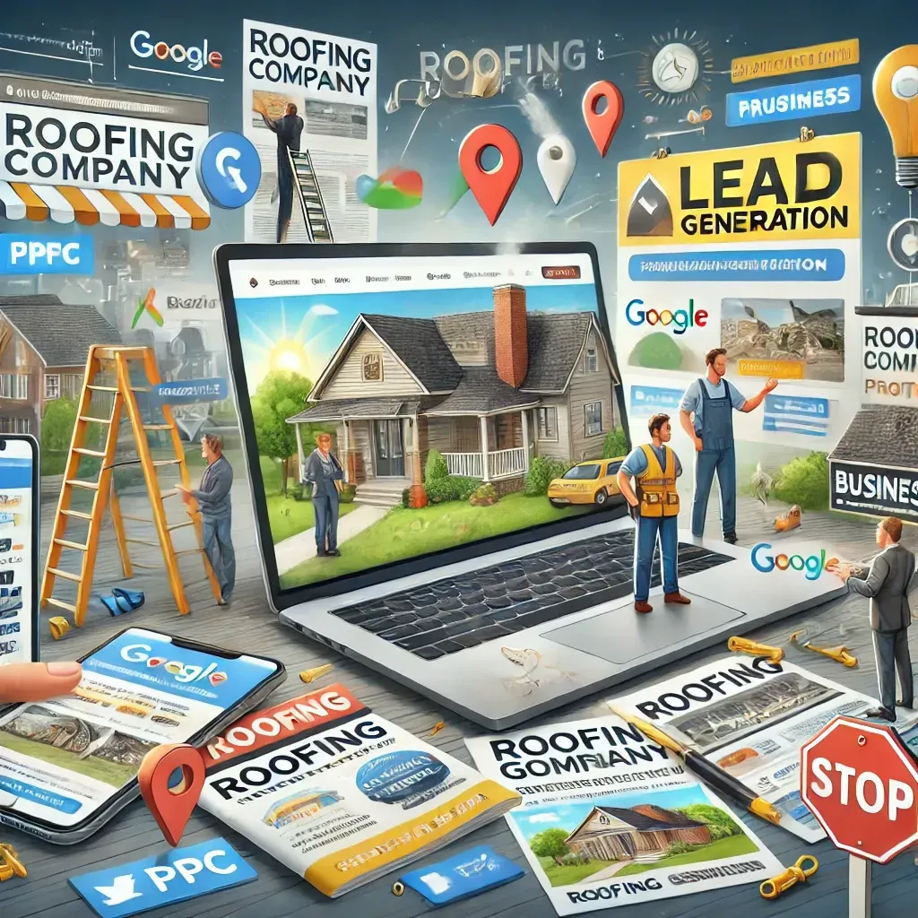 An illustration of lead generation strategies for a roofing business. The image features a laptop displaying a roofing company website with clear calls-to-action, a mobile phone showing a Google Business Profile, and brochures on a table. In the background, a roofing contractor engages with potential clients at a community event, distributing branded yard signs and flyers. Digital elements like Google Maps pins and PPC campaign visuals are integrated, symbolizing the blend of online and offline marketing efforts to attract leads.