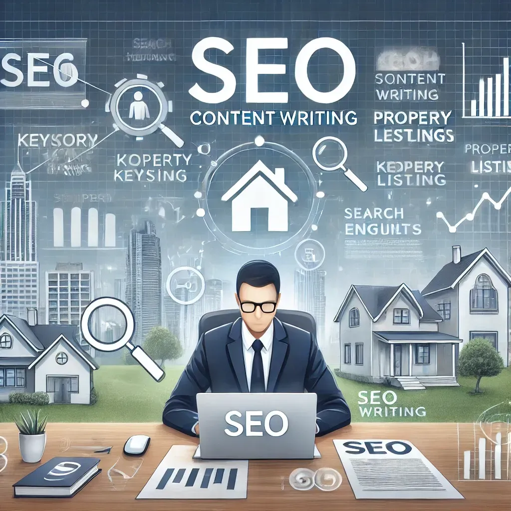 An illustration of a real estate professional at a desk working on SEO content writing, surrounded by digital elements like graphs, keyword icons, property listings, and a search engine results page on a large screen. The background features a city skyline with houses and high-rise buildings, symbolizing the real estate industry and the integration of technology in marketing.