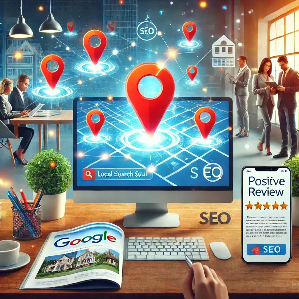 A modern illustration showcasing a real estate agency leveraging local SEO strategies. A computer screen displays a local search result map with location pins, while a smartphone shows a positive review notification. In the background, people browse real estate listings on tablets and brochures. The scene highlights tools like a Google Business Profile and SEO icons, symbolizing the integration of technology and marketing in real estate.
