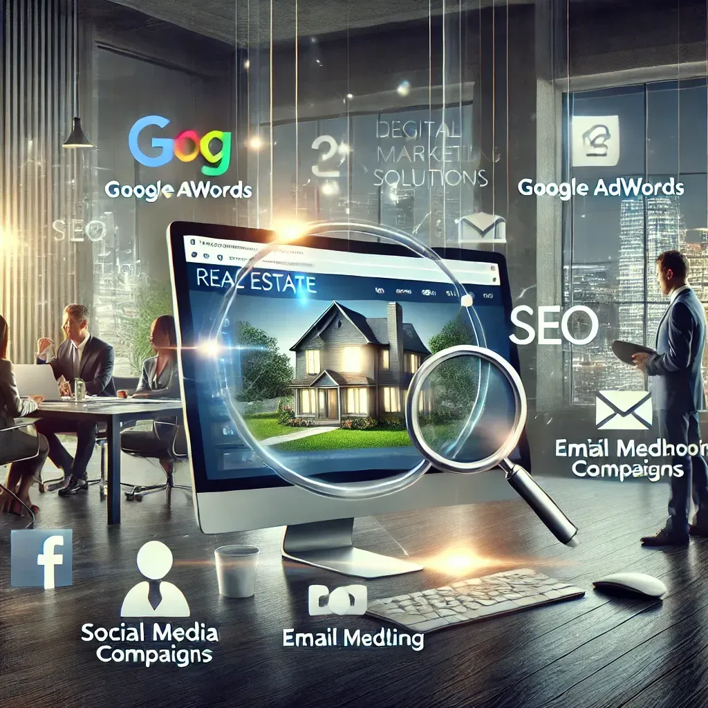 A modern illustration showcasing innovative marketing solutions for real estate success. A computer displays a real estate website with tools like property searches and neighborhood insights, surrounded by icons representing Google AdWords, social media campaigns, email marketing, and SEO. In the background, a real estate agent discusses strategies with clients in a sleek office, with a cityscape visible through large windows, symbolizing professionalism and growth in digital marketing for real estate.