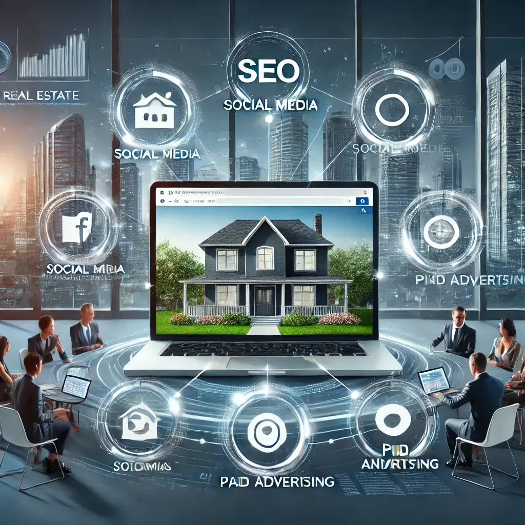 A sleek illustration showcasing digital marketing strategies for real estate success. A laptop displays a real estate website with optimized search results, surrounded by icons for SEO, social media, paid advertising, and analytics. A smartphone shows a client review, and a tablet highlights property listings. In the background, real estate agents collaborate in a modern office with a city skyline visible through large windows, symbolizing professionalism and innovation in the industry.