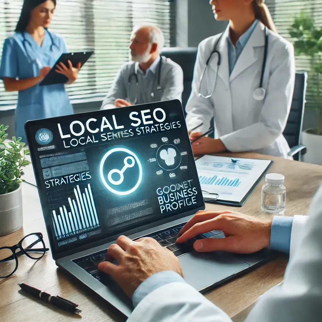 A healthcare professional reviews local SEO strategies on a laptop in a modern medical office. The screen displays SEO analytics and a Google Business Profile, while a team discusses patient engagement strategies. The office setting is clean and professional, highlighting digital marketing for healthcare providers.
