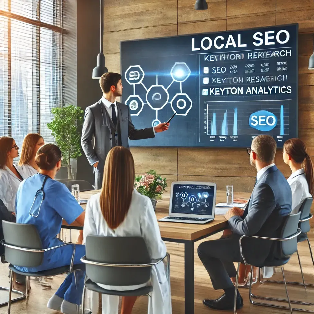 A digital marketing expert presents Local SEO strategies to a group of healthcare professionals in a modern office. The screen displays keyword research, SEO analytics, and a website optimization plan. The setting is professional and collaborative, emphasizing healthcare digital marketing solutions.