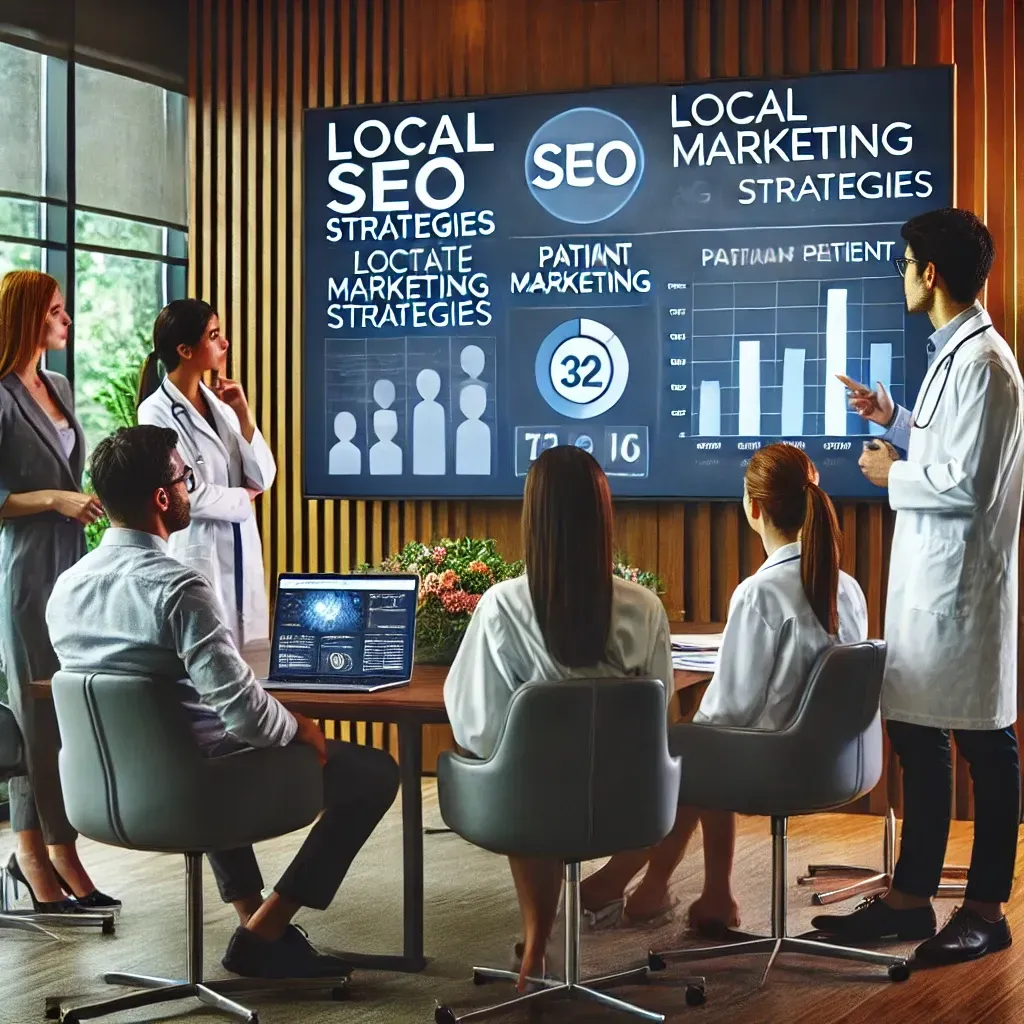 A healthcare marketing agency team discusses Local SEO strategies in a modern office. The team reviews digital marketing analytics on a large screen, including website traffic and patient engagement metrics. The setting is professional, emphasizing collaboration and data-driven healthcare marketing solutions.