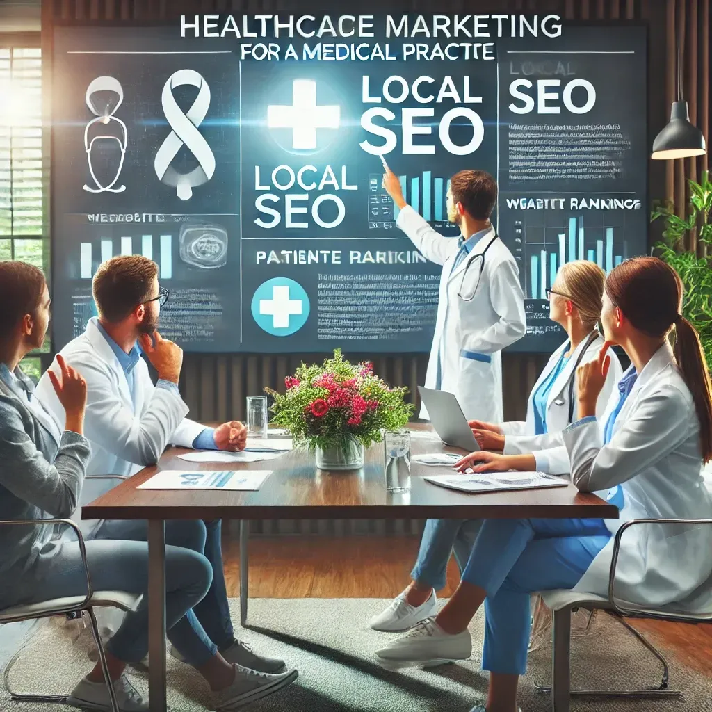A healthcare marketing team strategizes Local SEO for a medical practice in a modern office. The team reviews digital marketing analytics on a large screen, displaying website traffic, search rankings, and patient engagement metrics. The setting is professional and collaborative, emphasizing the importance of a proven track record in healthcare marketing.