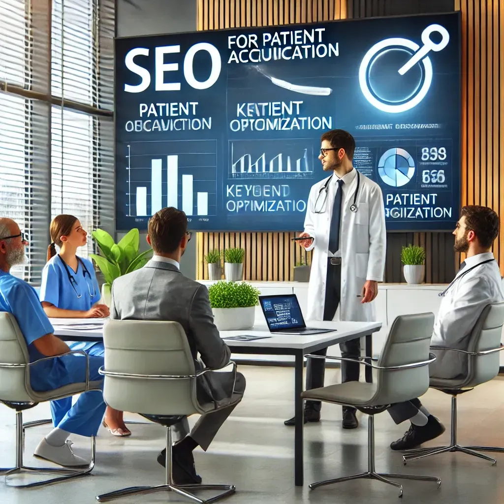 A healthcare marketing consultant discusses SEO services for patient acquisition with a team of medical professionals in a modern office. The presentation screen displays SEO analytics, keyword optimization, and patient engagement metrics. The setting is professional and collaborative, emphasizing the role of SEO in healthcare marketing.