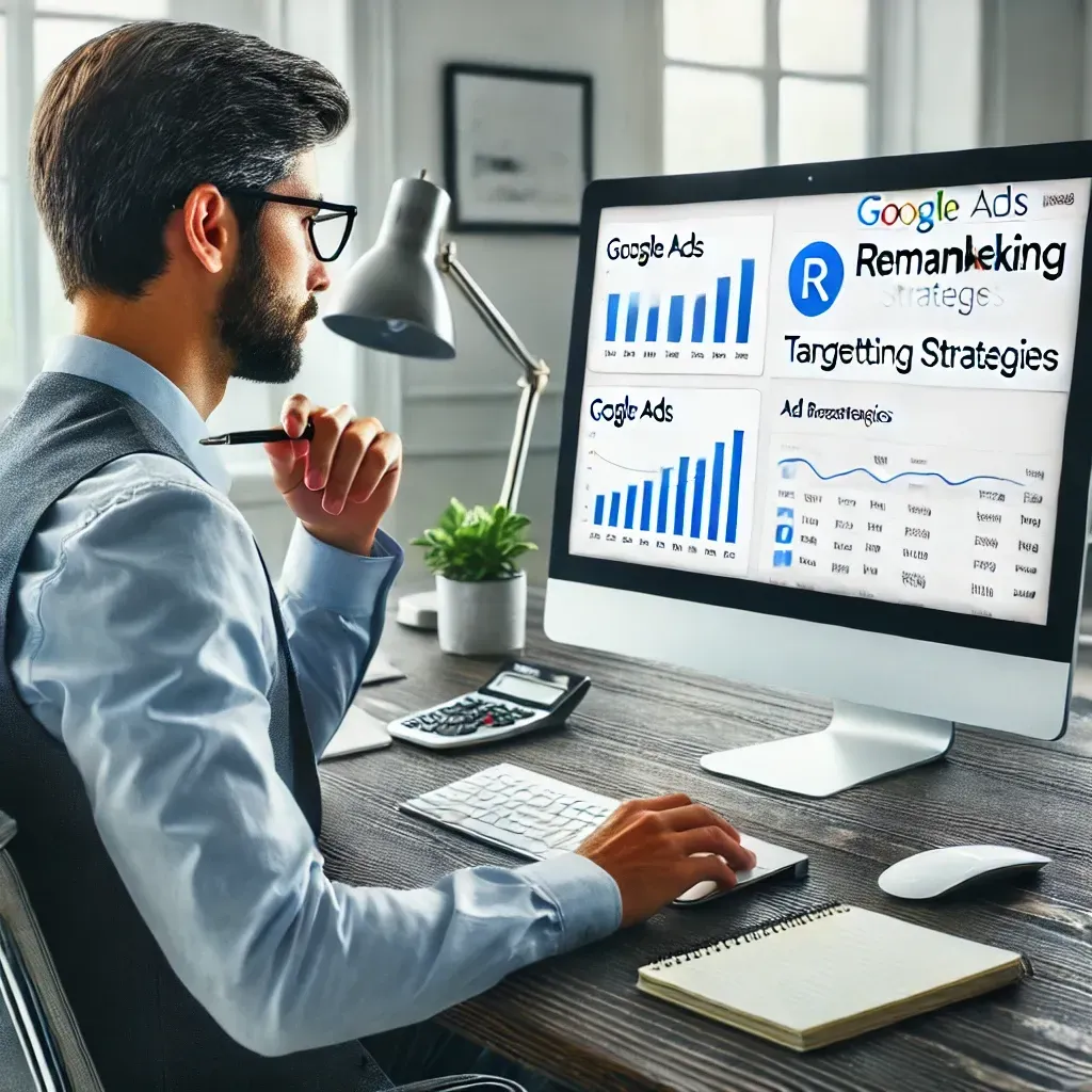 A digital marketer working on a Google Ads remarketing campaign in a modern office. The computer screen displays Google Ads analytics with highlighted remarketing strategies. The marketer, dressed in business casual attire, is focused on optimizing ad copy and targeting strategies. The workspace features a sleek desk, a notepad, and a cup of coffee, creating a professional and engaging environment.