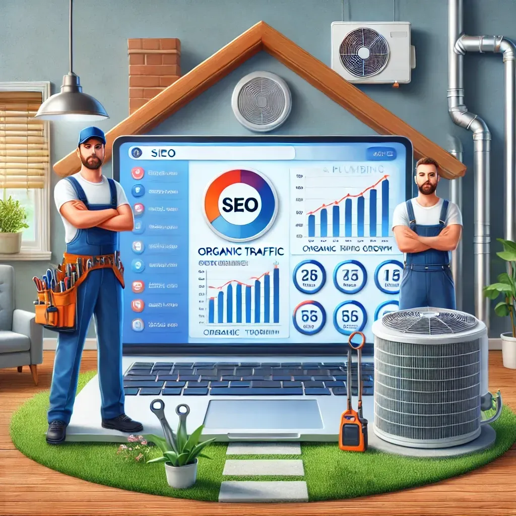 A modern digital illustration of an HVAC and plumbing business leveraging SEO and web design. A laptop displaying an SEO dashboard with search rankings, organic traffic growth, and conversion metrics is at the center. Surrounding the laptop, an HVAC technician and a plumber stand confidently, symbolizing their business success. The background includes a home setting with an air conditioning unit and plumbing pipes, emphasizing residential services. This visual highlights how digital marketing strategies help HVAC and plumbing businesses increase visibility and attract more customers.