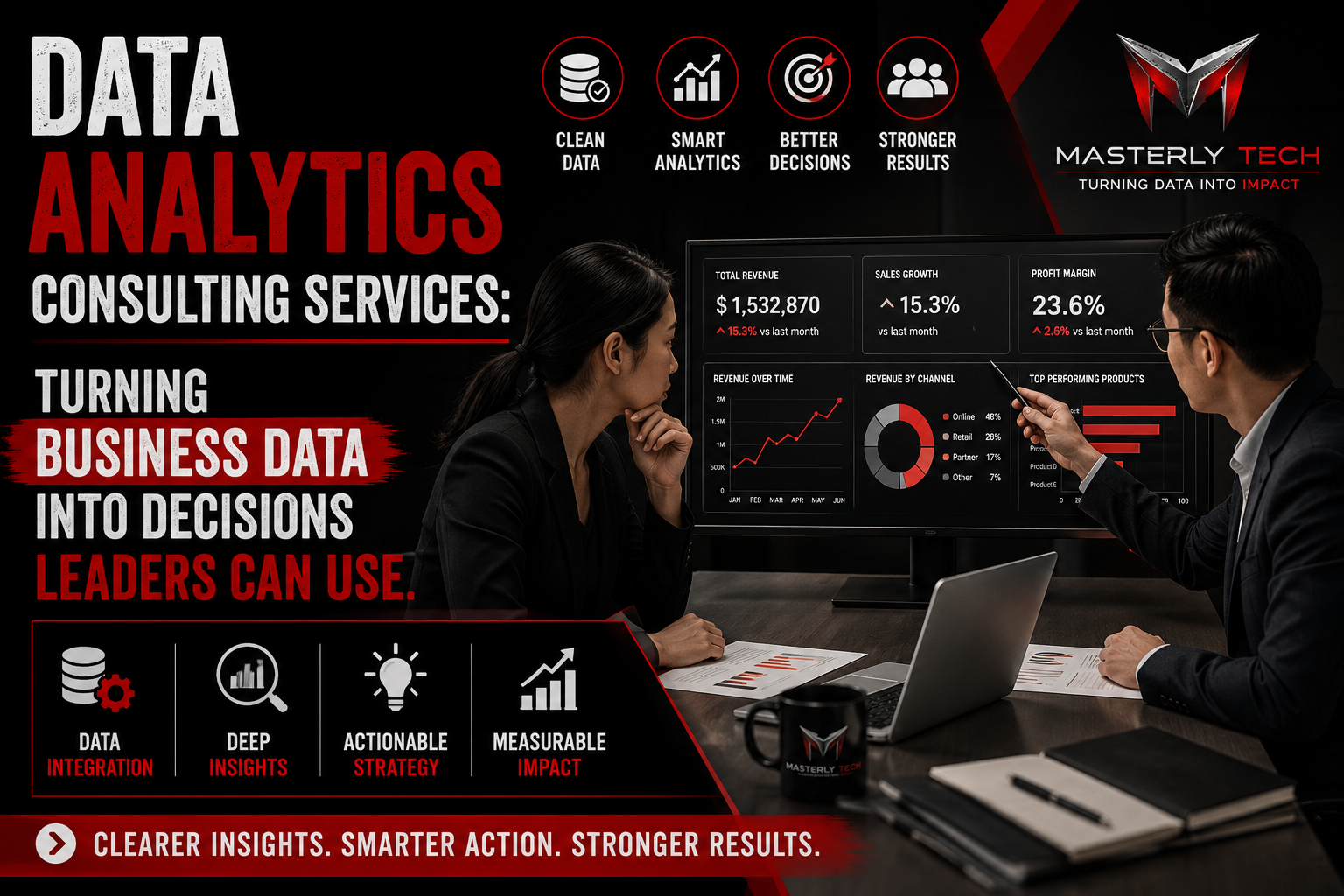 Data analytics consultant presenting business insights and dashboards.