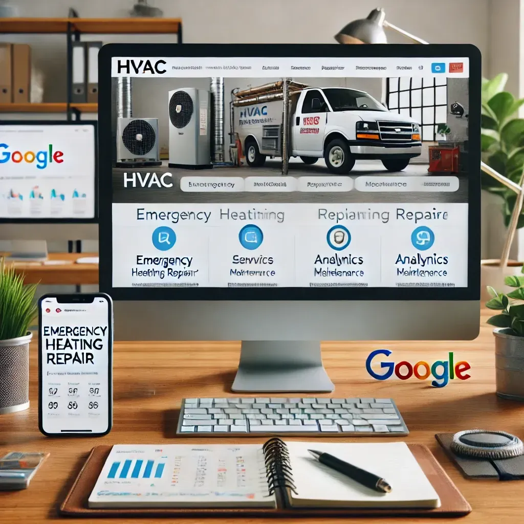 A digital marketing workspace showcasing an HVAC company's website optimized for SEO on a computer screen, with services like 