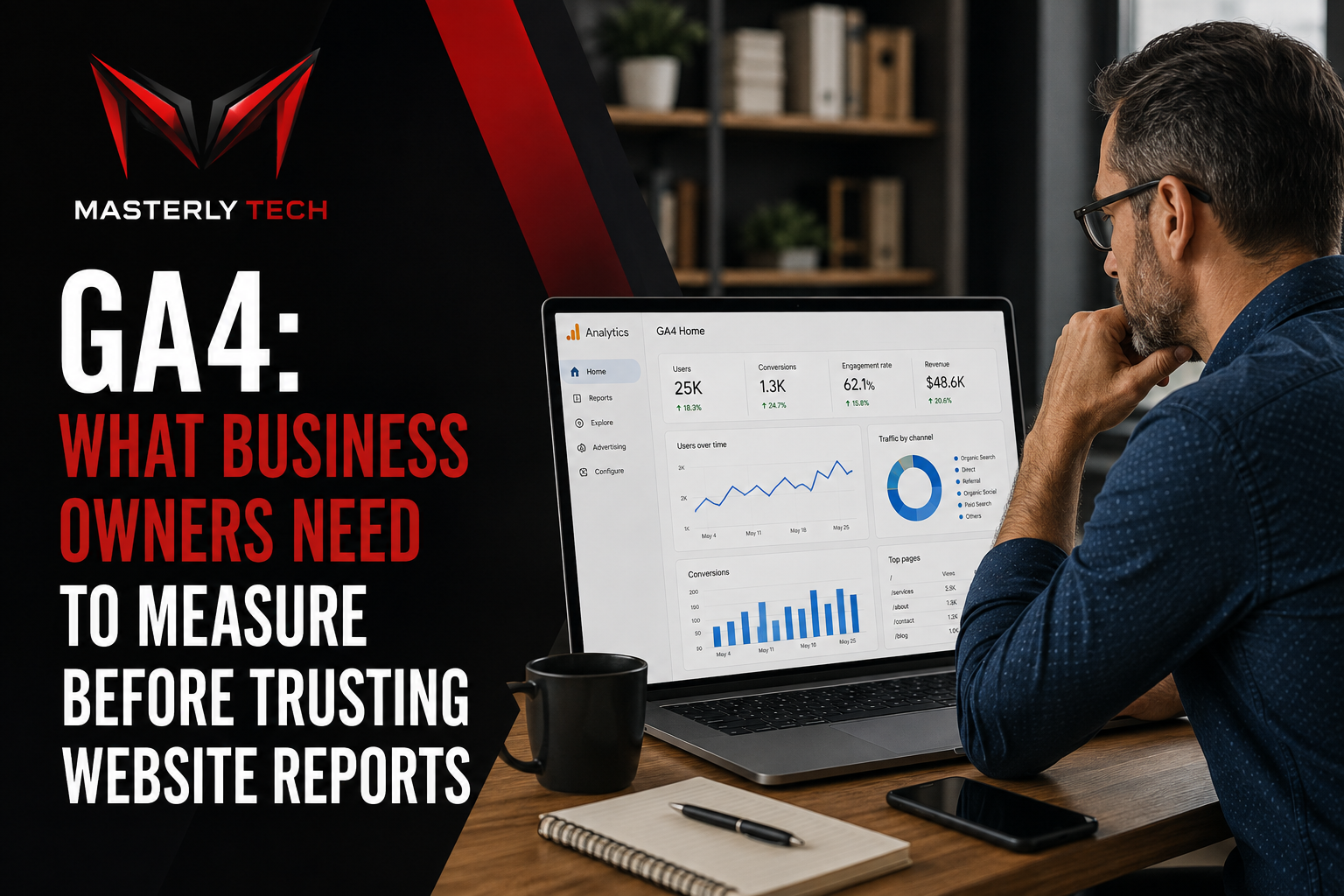 GA4 dashboard showing website measurement, events, conversions, and business KPIs.