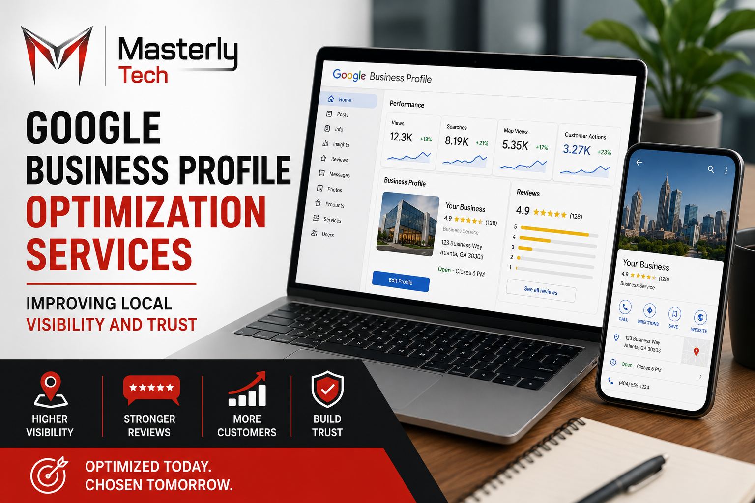 Digital marketing strategist reviewing Google Business Profile optimization with a business owner.