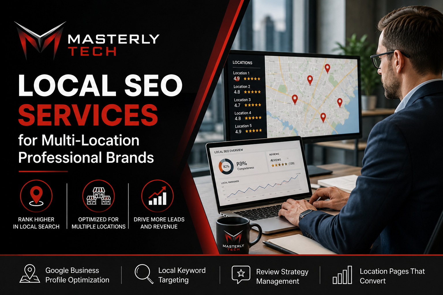 SEO specialist reviewing local SEO strategy for multi-location businesses