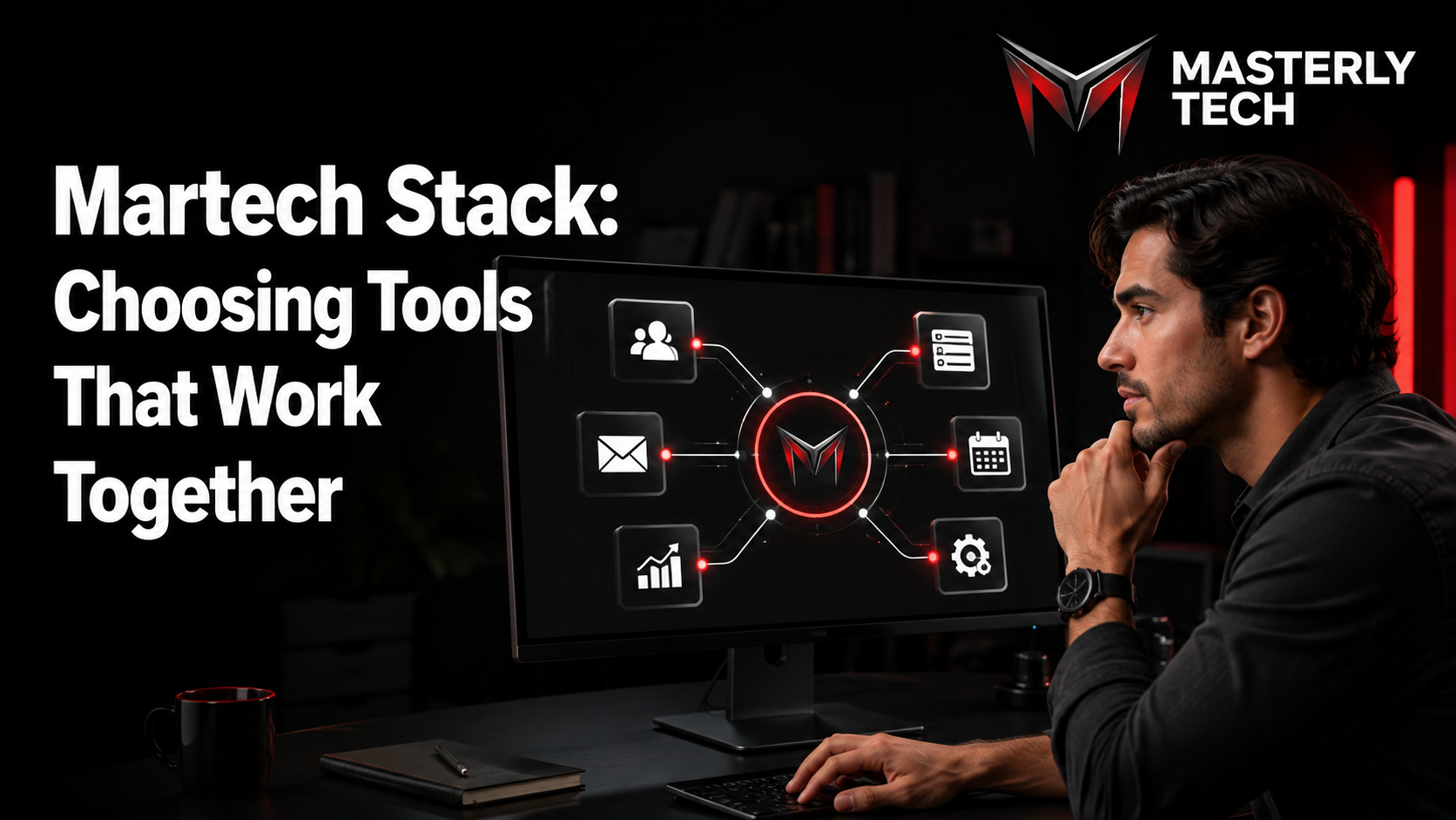 Connected martech stack with integrated marketing tools and systems.