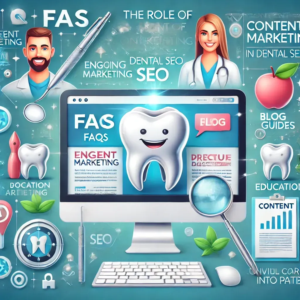 A professional illustration showcasing the role of content marketing in dental SEO. The image features a dental website on a computer screen, highlighting content like FAQs, blogs, and procedure guides. Surrounding icons, including a pen, book, and upward arrows, represent writing, education, and growth. Smiling dental patients in the background symbolize the success of converting online visitors into loyal patients through strategic content marketing. Clean and engaging design.