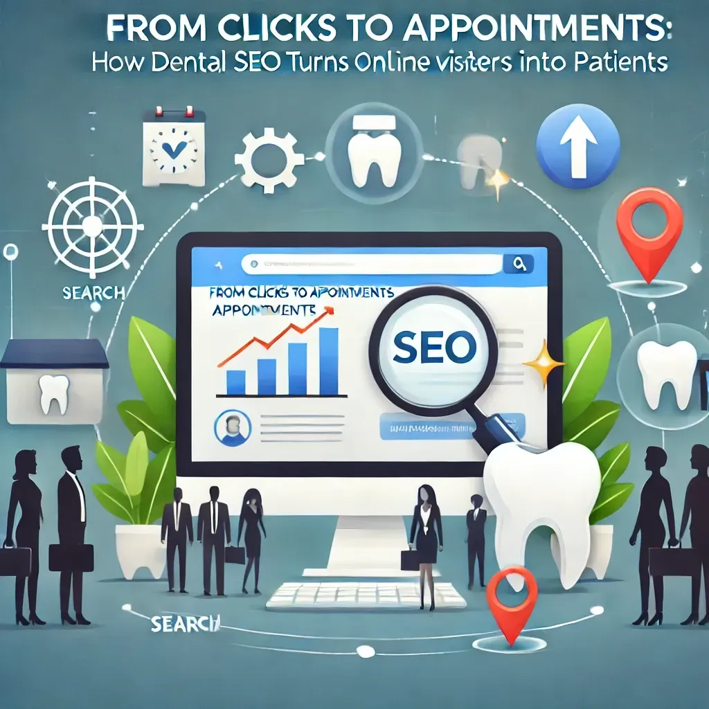 A modern visual representation of dental SEO success. A computer screen shows a dental website ranking at the top of search engine results, surrounded by SEO icons like a magnifying glass, upward arrows, and a location pin, symbolizing search visibility, ranking improvement, and local SEO. In the background, smiling silhouettes of patients entering a dental clinic illustrate effective patient acquisition. Clean and professional design.